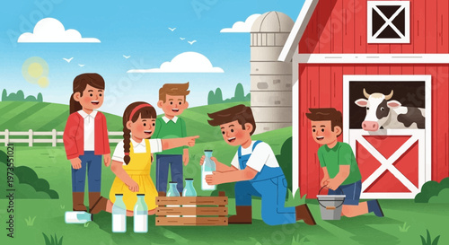 Children learning about milk production on a farm.