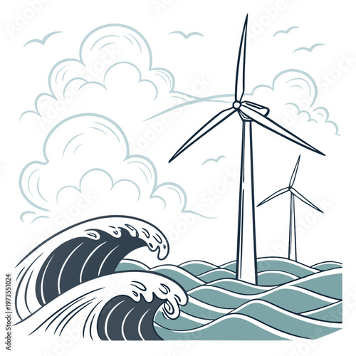 A stylized illustration depicts wind turbines rising from turbulent ocean waves beneath a cloudy sky with birds high quality professional