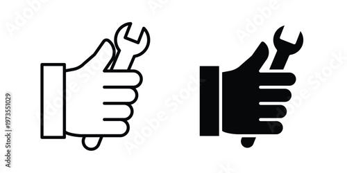 Spanner in hand icon symbol. Icon in flat style and line. Black and white