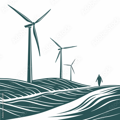 A teal toned illustration depicts a rural landscape featuring wind turbines and a solitary figure walking across rolling hills