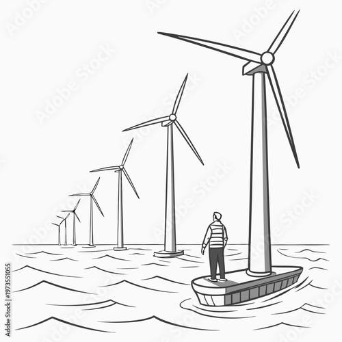 A solitary figure stands on a small boat observing a field of towering wind turbines in a sketched landscape