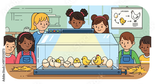 Children observing newly hatched chicks in an incubator.