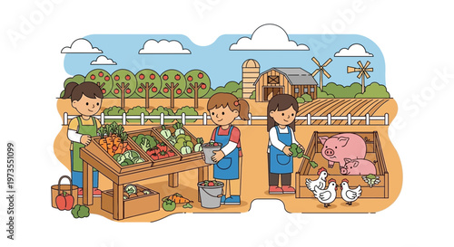 Children selling fresh produce and farm animals at a market stall.