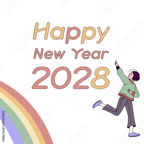 A colorful new year illustration depicts a joyful woman leaping towards a rainbow with the text happy new year 2028