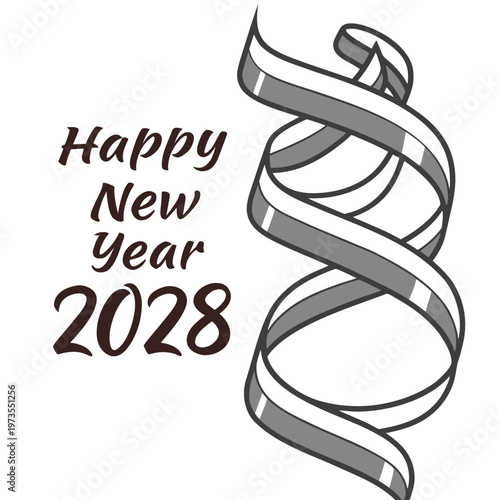 A stylized graphic features the text happy new year 2028 alongside a swirling ribbon like silver streamer design high quality