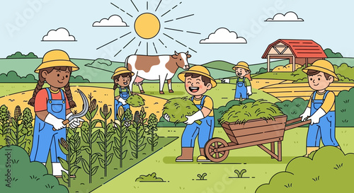 Children working together on a farm harvesting crops.