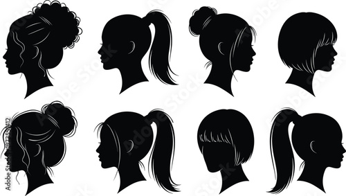 Set of eight female hairstyle silhouette profiles in side view, showcasing diverse hair textures, styles, and elegant bun variations