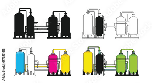 Industrial tanks and piping systems illustrated in various color schemes