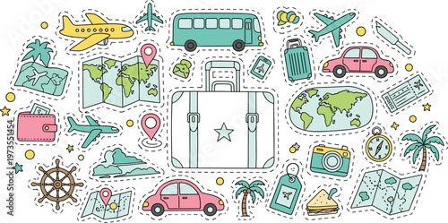 Travel Sticker Icon Set Featuring Suitcase, Airplane, Car, Map, Camera, Compass, Wallet, Palm Tree, and Adventure Elements