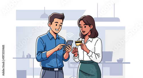 Two People Using Mobile Phone and Credit Card for Online Transaction in Office Setting
