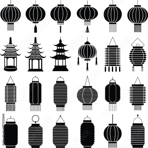 Chinese lantern and pagoda silhouette illustration featuring cultural designs, symbolizing tradition, festival, architecture, and decorative design projects