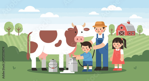 Farmer and children milking a cow on a farm.