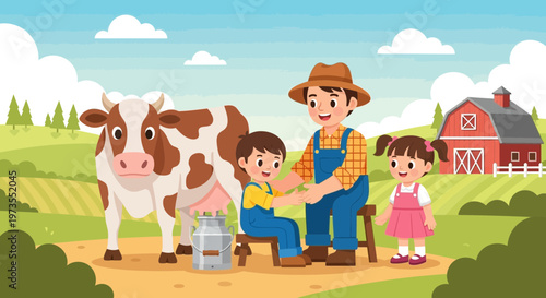 Happy family milking a cow on a farm.