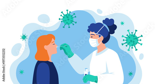 Medical professional performing nasal swab test for virus detection flat vector illustration