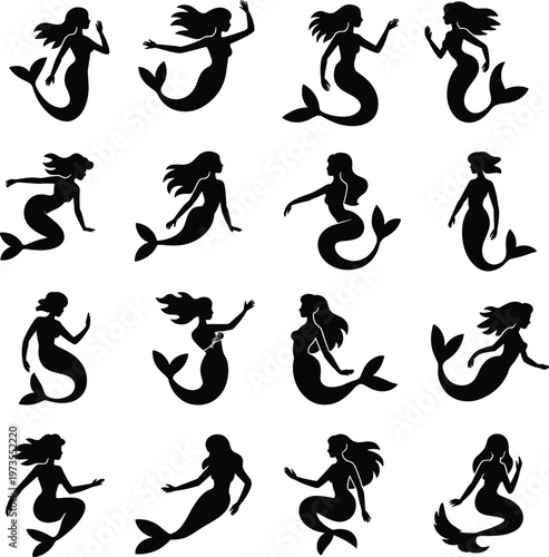 Mermaid silhouette illustration featuring mythical aquatic figures in dynamic poses, symbolizing fantasy, ocean, mythology, and decorative design projects