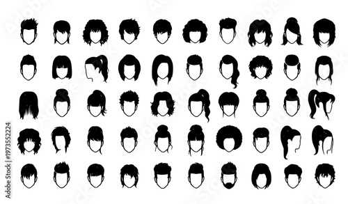 Black silhouette hairstyle collection for men and women diverse hair style vector set