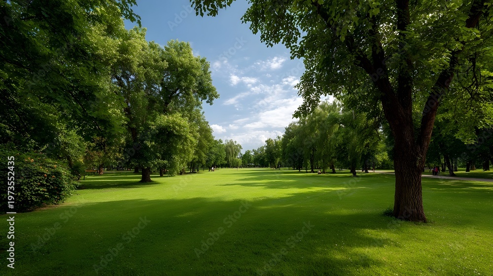 Fototapeta premium A panoramic view of a lush green park bathed in natural sunlight under a bright cloudy summer sky