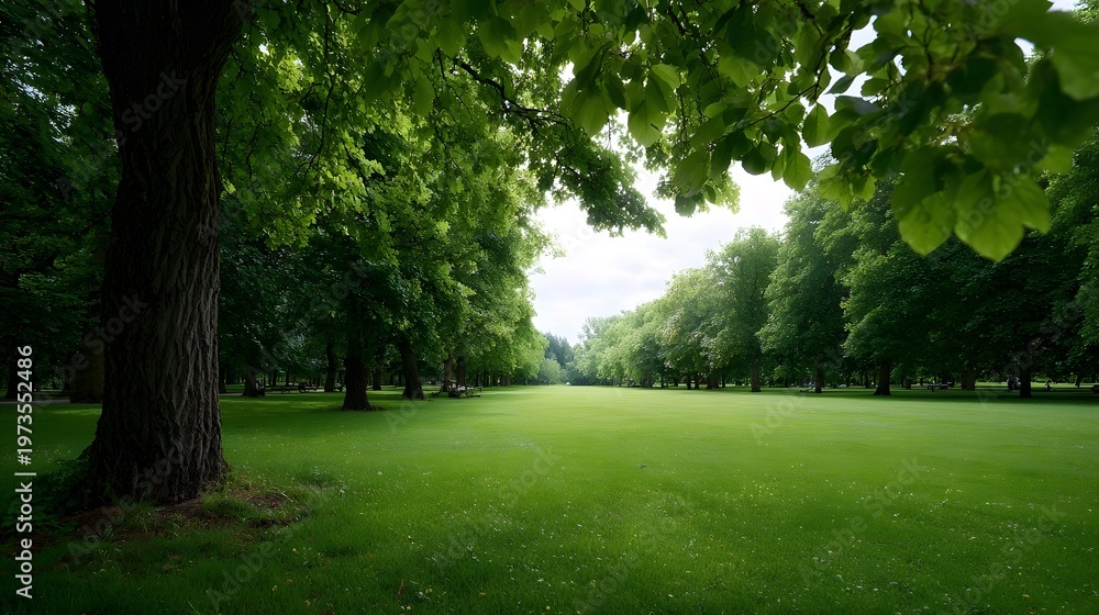 Obraz premium A panoramic view down a lush park avenue characterized by deep green grass and a canopy of mature trees