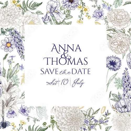 Vector illustration of a summer garden in an engraving style. Floral frame. Invitation template with line art flowers. Delicate banner