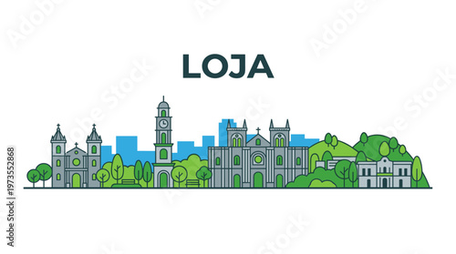 Loja Ecuador city skyline landmarks vector illustration on white background