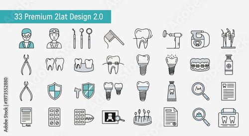 Comprehensive Dental Care Icon Set - 33 Premium Flat Line Icons for Stomatology, Oral Hygiene, Tooth Implants, Braces, and Medical Equipment