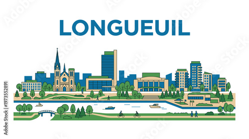 Longueuil city skyline linear vector illustration with landmarks and riverfront park