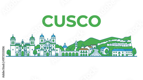 Minimalist Cusco city skyline featuring historic landmarks and mountains vector illustration