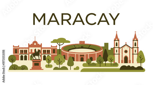 Minimalist Maracay city skyline illustration with landmarks and bullring vector