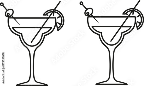 Cocktail Glass Icon Set Featuring Margarita Glasses with Lemon Garnish for Drink, Bar, and Beverage Illustrations
