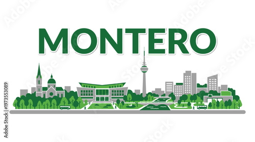 Modern Montero Bolivia city skyline flat vector illustration with landmarks and green text