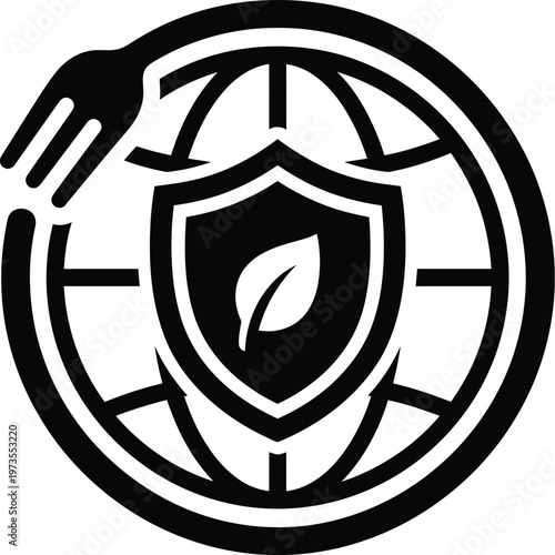 Minimalist global food safety icon vector globe fork shield worldwide hygiene awareness concept clean black illustration design