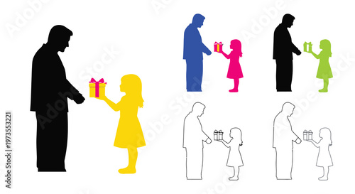 Colorful silhouettes of a gift exchange between a man and a girl