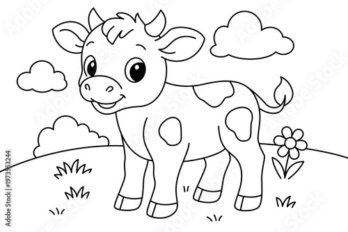 Cute Calf on the Pasture Coloring Page for Kids