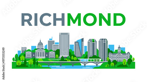 Richmond Virginia city skyline featuring state capitol and river bridge flat vector illustration