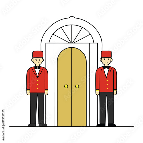 Elegant VIP doormen stand poised beside a grand entrance door, welcoming guests with polished charm. Their presence adds prestige, security, and luxury to every arrival.