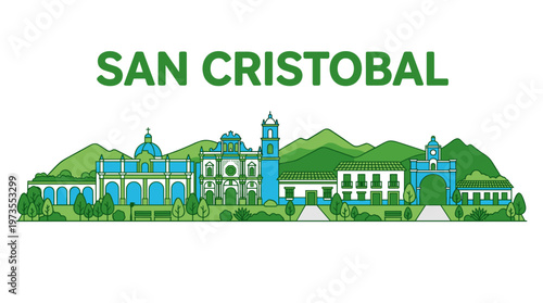 San Cristobal Mexico city skyline with colonial architecture and mountains vector illustration