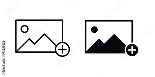 Upload photo icon symbol. Icon in flat style and line. Black and white