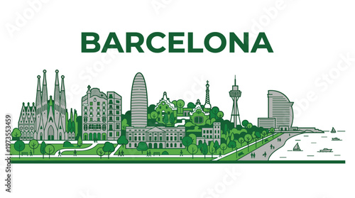 Stylized Barcelona city skyline with famous landmarks and green trees vector illustration