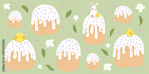Festive Easter cakes with a bunny and chicks. Includes different sizes and compositions with flowers and leaves on soft green background.
