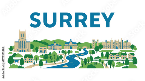 Surrey England city skyline illustration with historic cathedral and river landscape vector