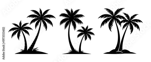 Palm tree silhouette set, beach coconut trees