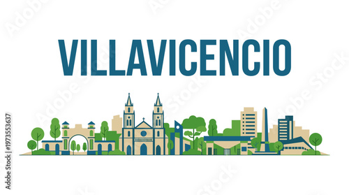 Villavicencio Colombia city skyline landscape with landmarks and green trees flat vector illustration