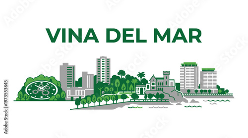 Vina del Mar Chile city skyline with iconic landmarks isolated on white background vector illustration