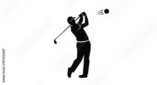 Silhouette of a golfer swinging a club with a golf ball in flight