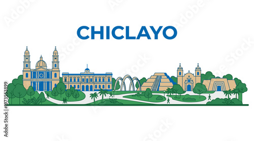Chiclayo Peru city skyline with famous landmarks and monuments flat vector illustration