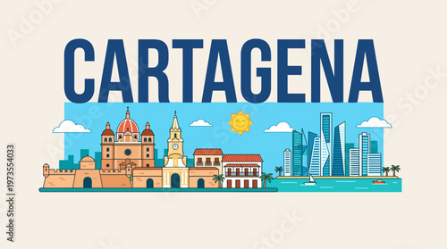 Colorful Cartagena Colombia skyline with historical landmarks and skyscrapers flat vector illustration