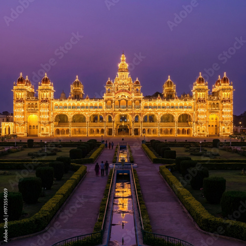 Illuminated Mysore Palace at night in Karnataka India