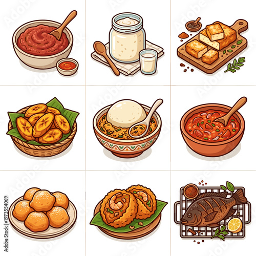 Collection of traditional West African food dishes and street snacks cartoon vector illustration