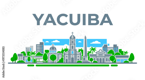 Colorful Yacuiba Bolivia city skyline featuring landmarks and palm trees vector illustration