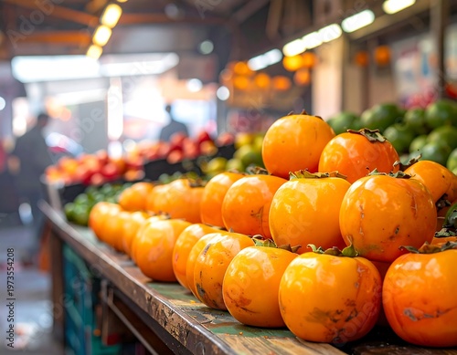 Vibrant display of stacked orange persimmons on a market table, with other produce and a blurry background